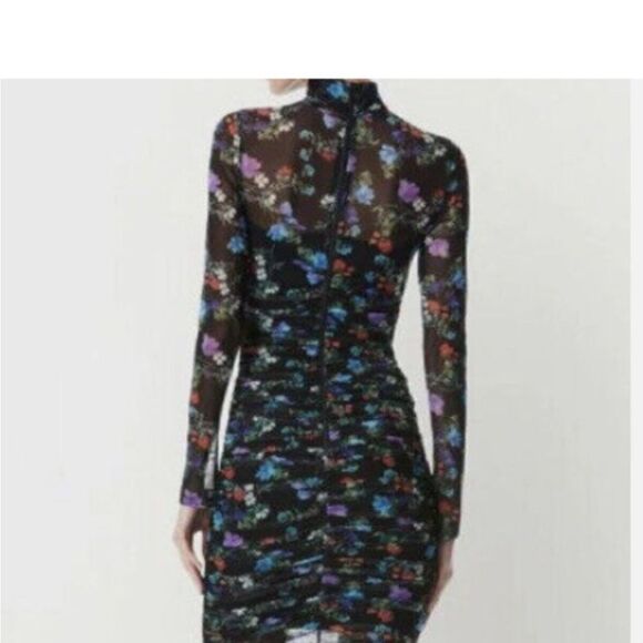 ALICE + OLIVIA DELORA FLORAL RUCHED STRETCH MESH BODY-CON BLACK DRESS sz 4 - Picture 6 of 11
